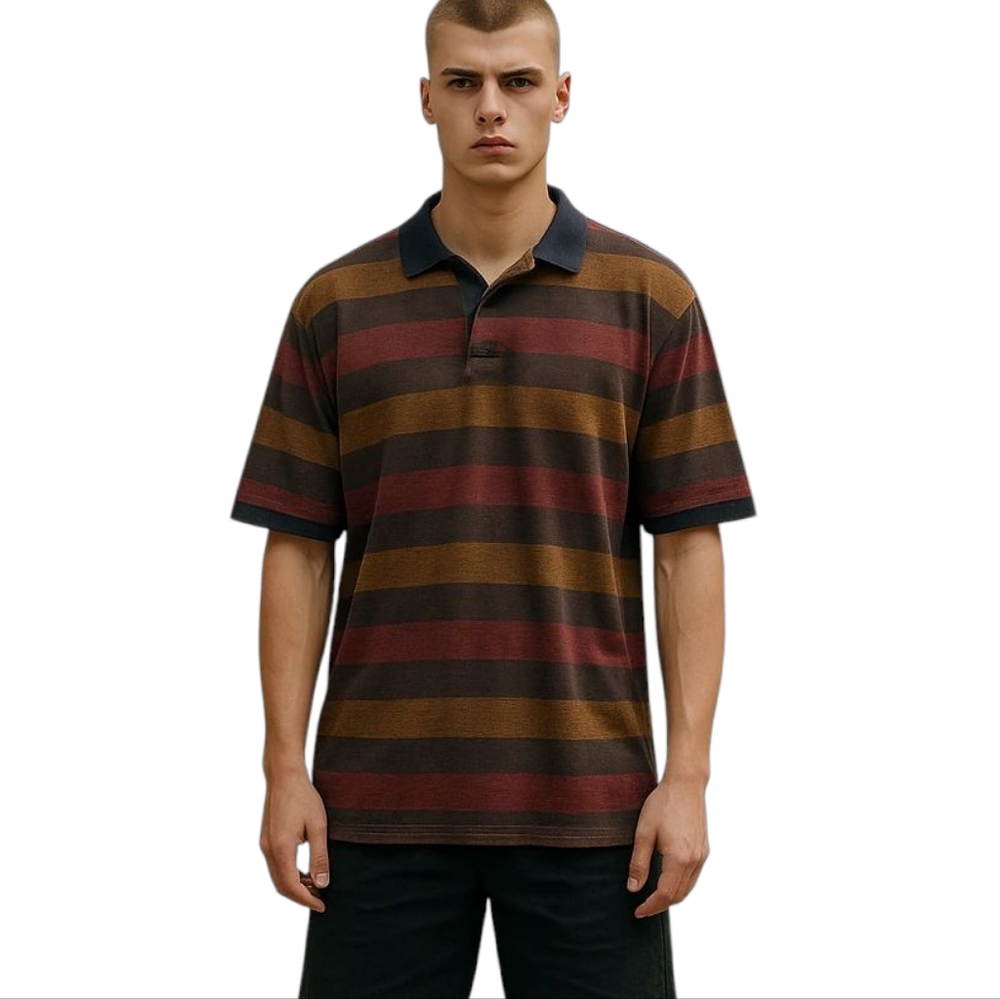 Vintage Izod Men's Striped Polo Shirt - Retro Style with Navy Collar